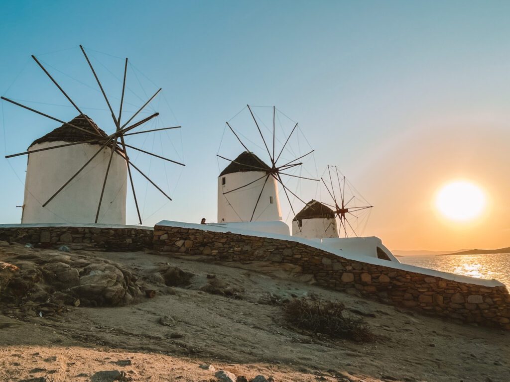 Mykonos Windmühlen bei Sonnenuntergang